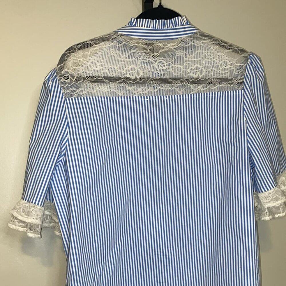 Halston Women Blue Striped Stretch Poplin Lace-Trimmed Blouse Top - Picture 7 of 9